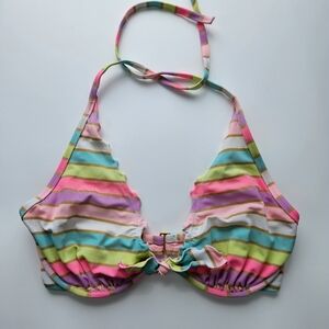 Victoria’s Secret Rainbow Neon Stripe Gold Multicolor Bikini Top 34DD